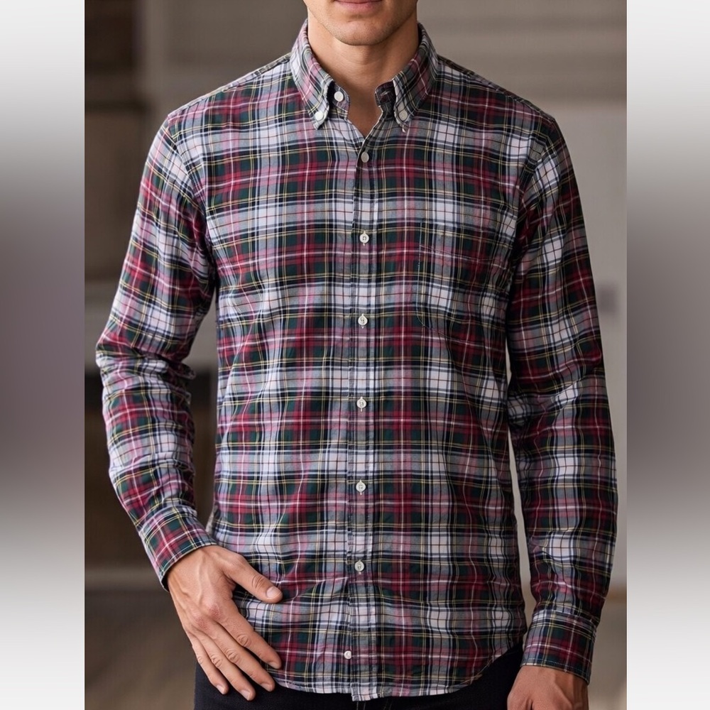 Goodthreads Men's Large Tall Cotton Button-Down Shirt Classic Red Plaid